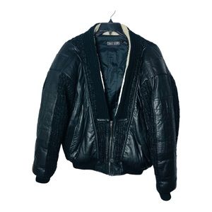 3266 Vintage Street Scenes Black Knit Leather Patchwork Jacket Coat Sz 44 Zip